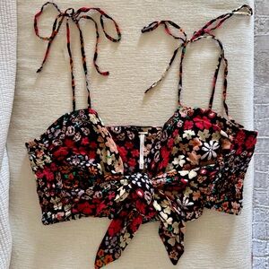 Free People Floral Tie-Front Crop Top - Black Multi